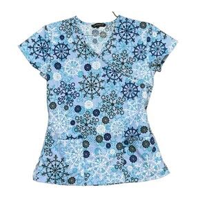 Women's Scrub Top Winter Snowflakes Blue Medical Tie Pockets Cassandra O Sz XS